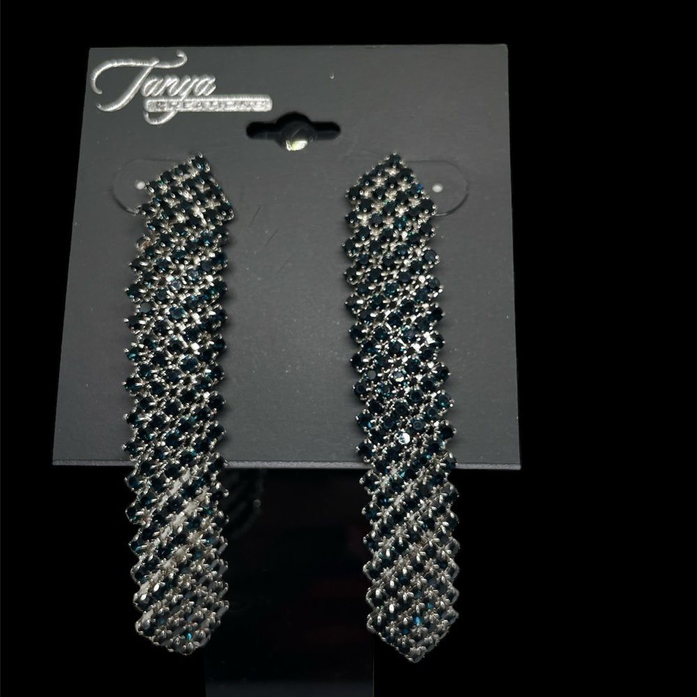 Tanya Creations Deep Teal Rhinestone 3” Earrings NWT